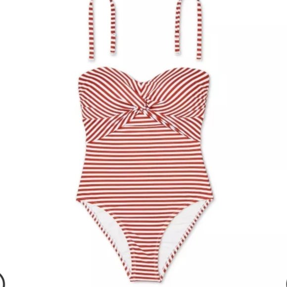 KONA SOL Red Stripe One Piece Strapless Swimsuit - Picture 3 of 11